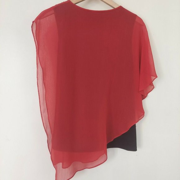Womens Small Blouse Beaded Red Asymmetric Tiered Tunic Top Sheer Fancy - Picture 8 of 9